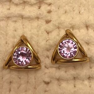 Gold-Tone Triangle Stud Earrings with Pink Crystal